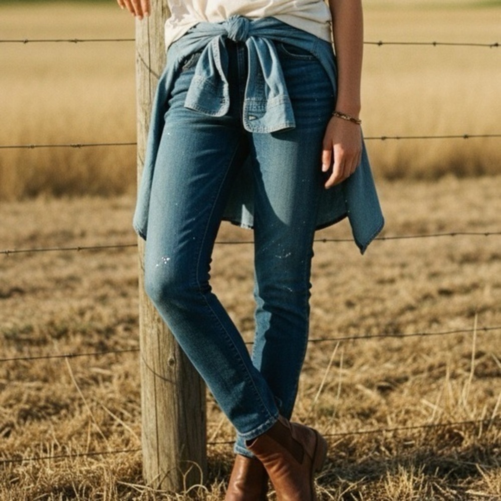 THE GREAT. x Current/Elliott The Almost Skinny Paint Splatter Mid Stretch Jeans
